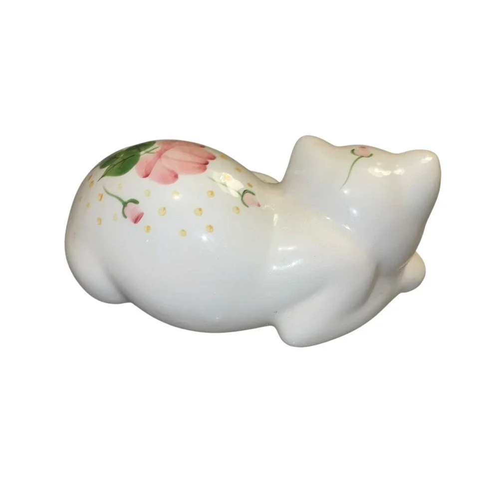 Vintage Lasting Products USA Ceramic Sleeping Cat Figurine w/ Hand Painted Roses